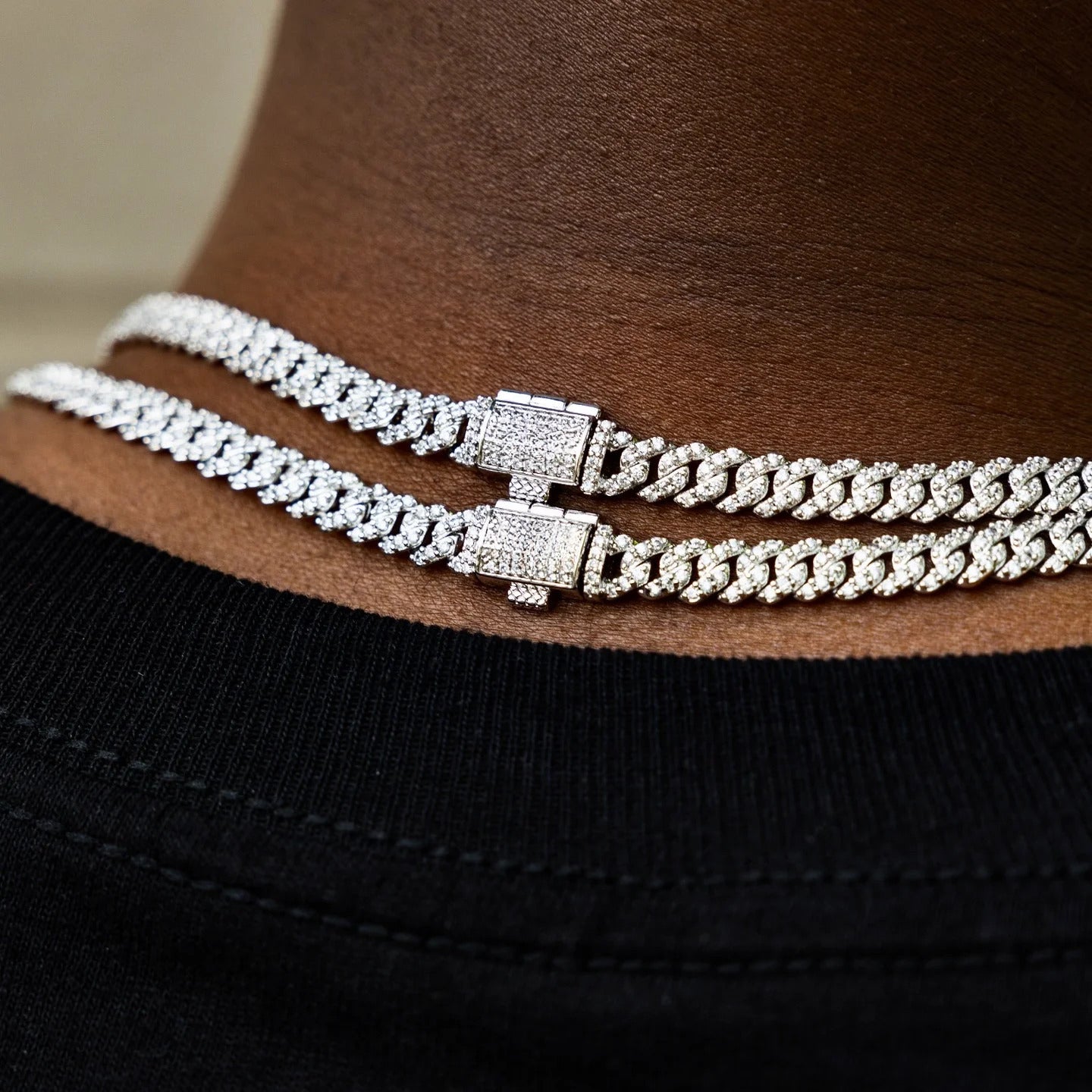 Micro Artificial gemstone Prong Cuban Necklace in White Gold - 6mm