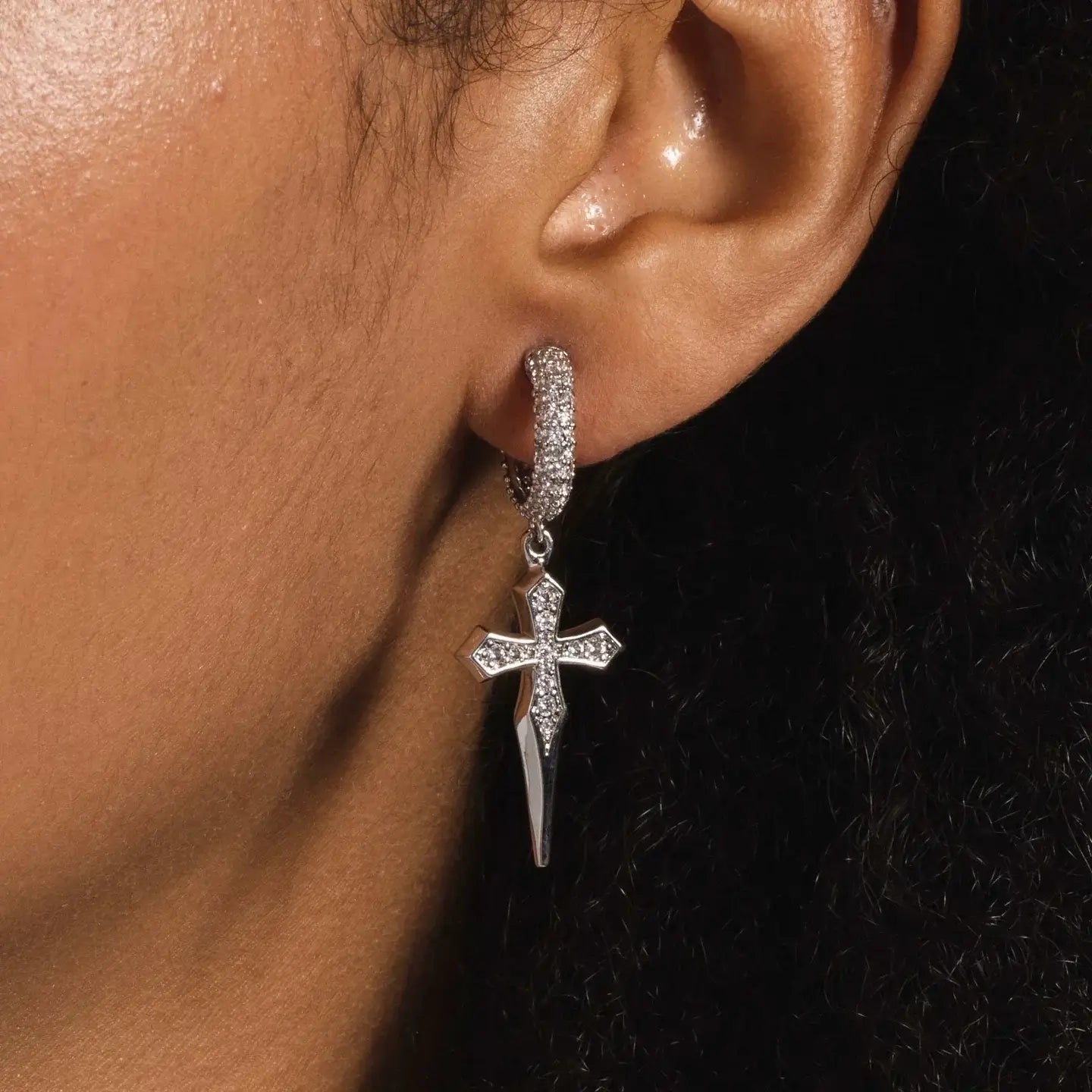 Dripping Cross Hoop Earrings in white Gold