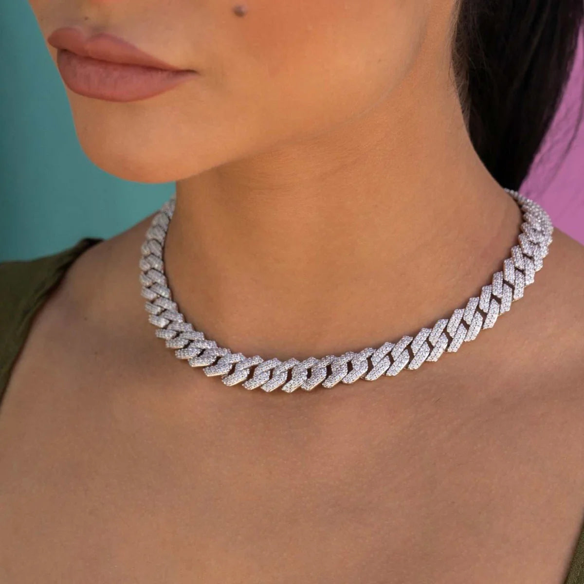 Artificial gemstone Prong Link Necklace in White Gold - 12mm