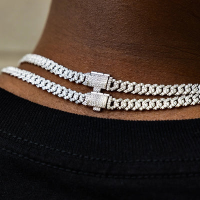 Micro Artificial gemstone Prong Cuban Necklace in White Gold - 6mm