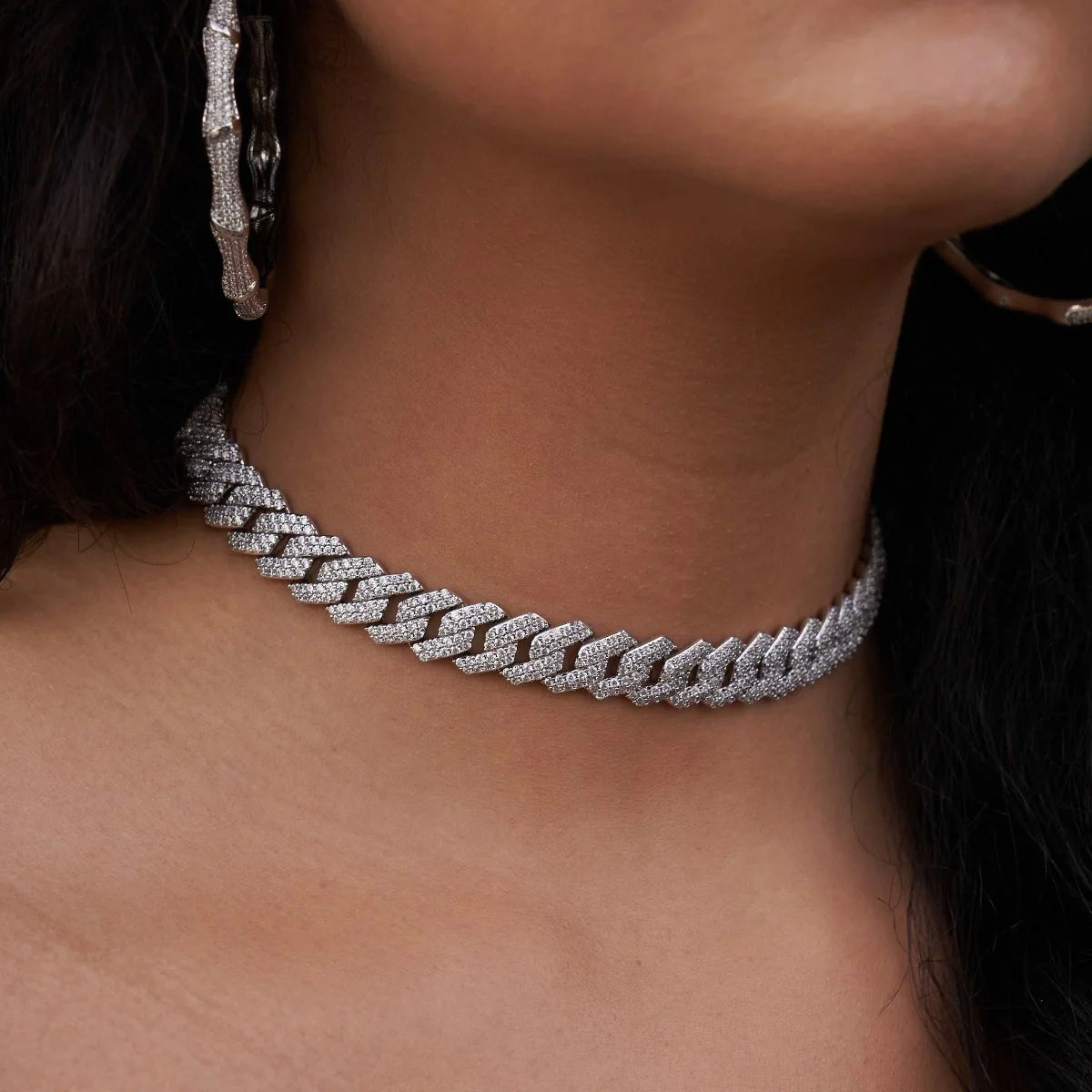 Artificial gemstone Prong Link Necklace in White Gold - 12mm