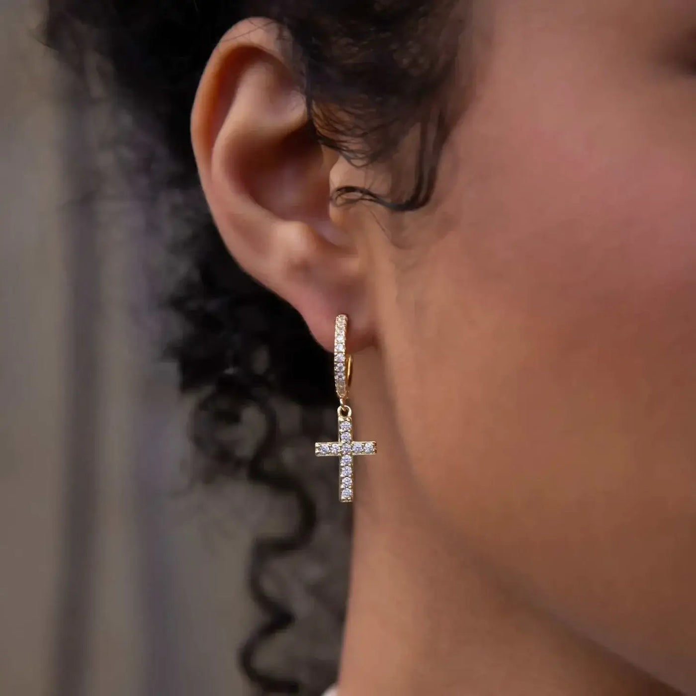 Artificial gemstone  Cross Hoop Earrings in Yellow Gold