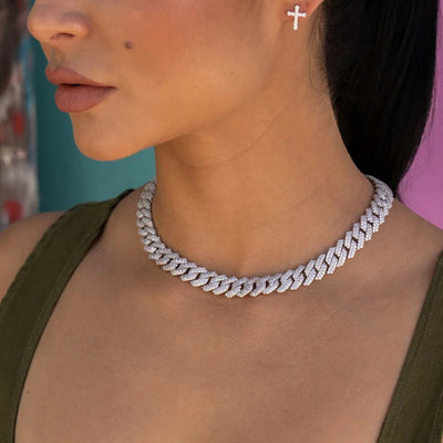 Artificial gemstone Prong Link Necklace in White Gold - 12mm